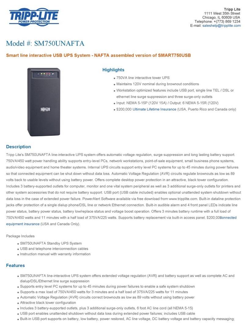 Tripp Lite S750UNAFTA Specification sheet Tripp Lite S750UNAFTA Specification sheet