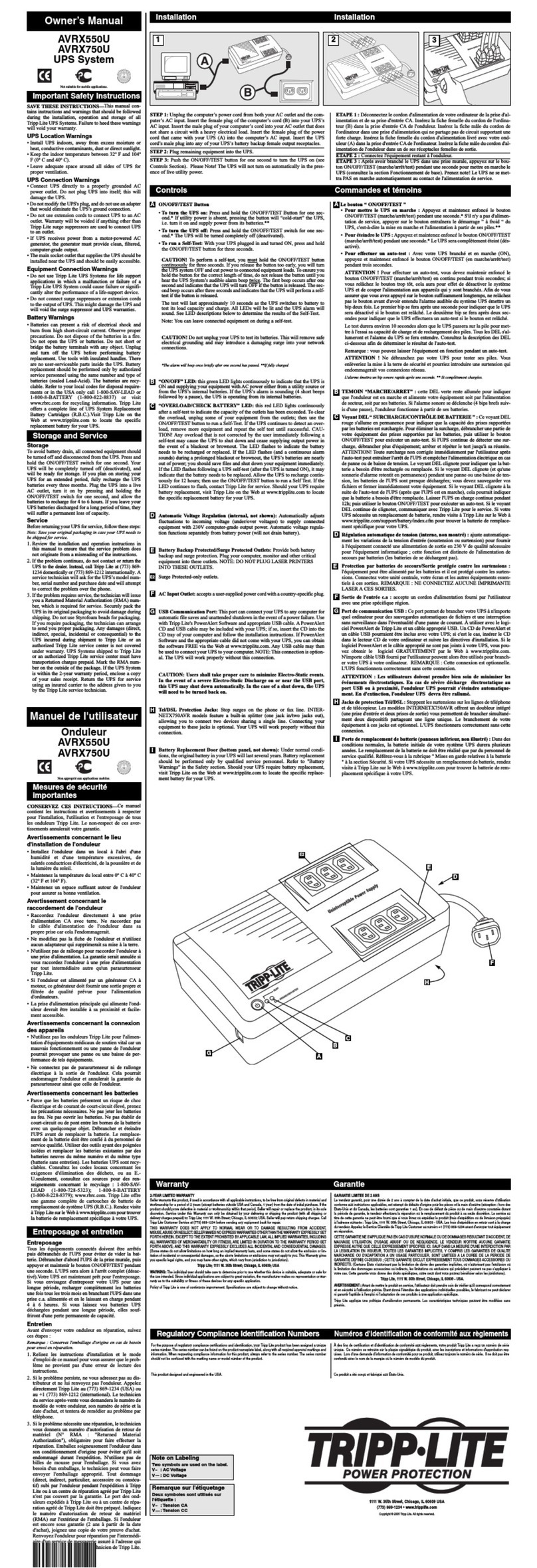 Tripp Lite UPS System AVRX550U User manual