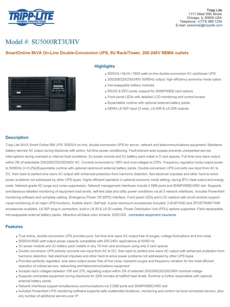 Tripp Lite SmartOnline SU5000RT3UHV Specifications Tripp Lite SmartOnline SU5000RT3UHV Specifications