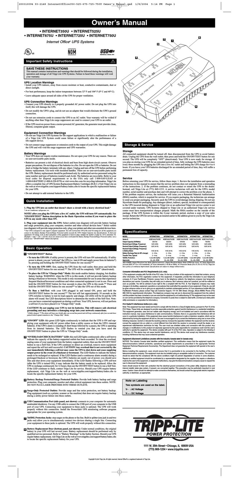 Tripp Lite INTERNET350U User manual Tripp Lite INTERNET350U User manual