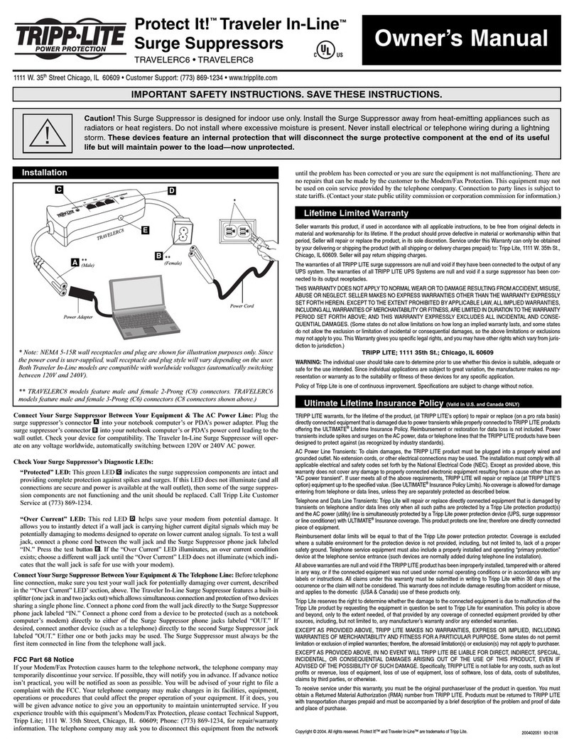 Tripp Lite Protect It! Traveler In-Line TRAVELERC6 owner's manual