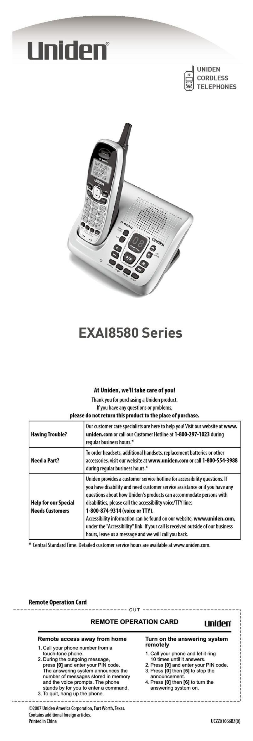Uniden EXAI8580 - EXAI 8580 Cordless Phone User manual