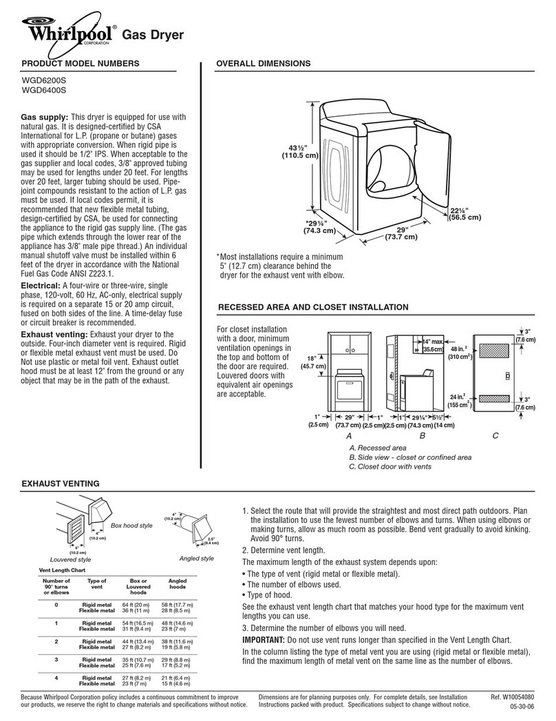Whirlpool Cabrio WGD6200S Dimensions and installation information
