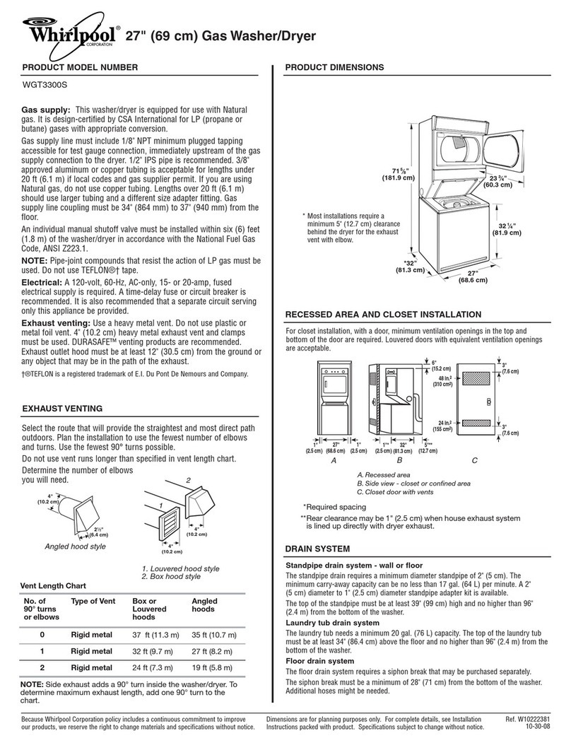 Whirlpool WGT3300S Dimensions and installation information