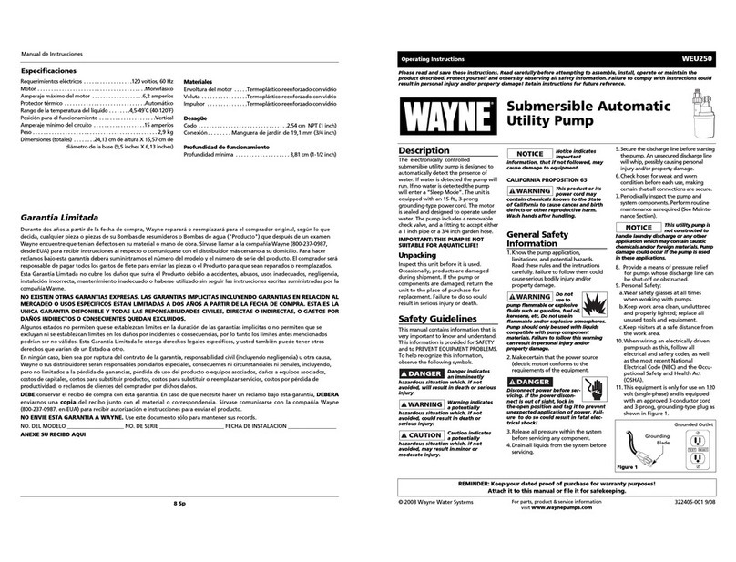 Wayne Submersible Automatic Utility Pump WEU250 operating instructions
