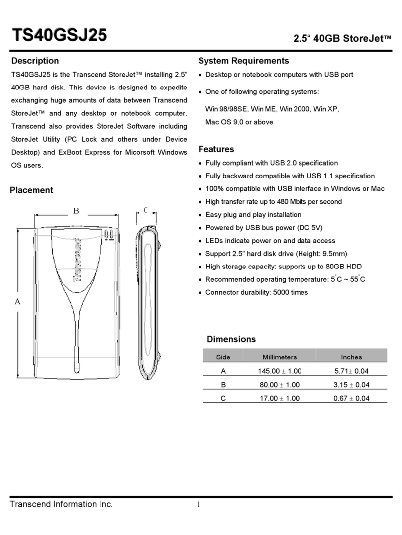 Transcend 2.5" 40GB StoreJetTM TS40GSJ25 User manual Transcend 2.5" 40GB StoreJetTM TS40GSJ25 User manual