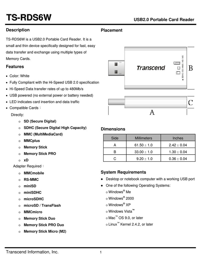 Transcend USB2.0 Portable Card Reader TS-RDS6W Specification sheet Transcend USB2.0 Portable Card Reader TS-RDS6W Specification sheet