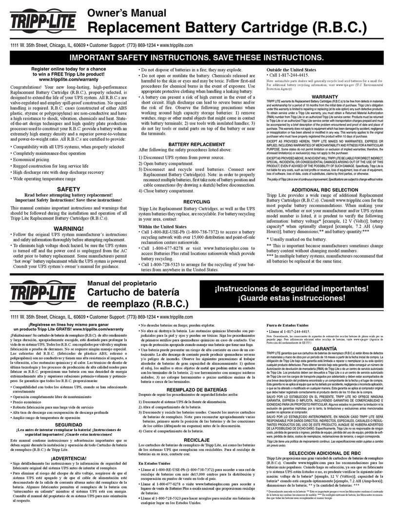 Tripp Lite Replacement Battery Cartridge User manual