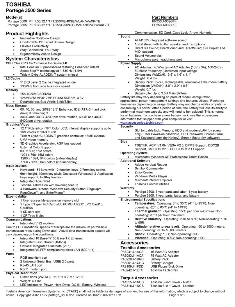 Toshiba Portégé 3500 Series Specification sheet