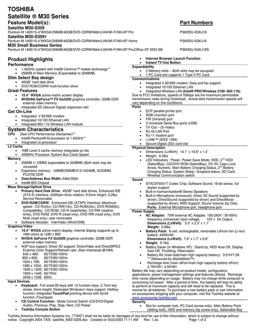 Toshiba Satellite M30-S309 Specification sheet