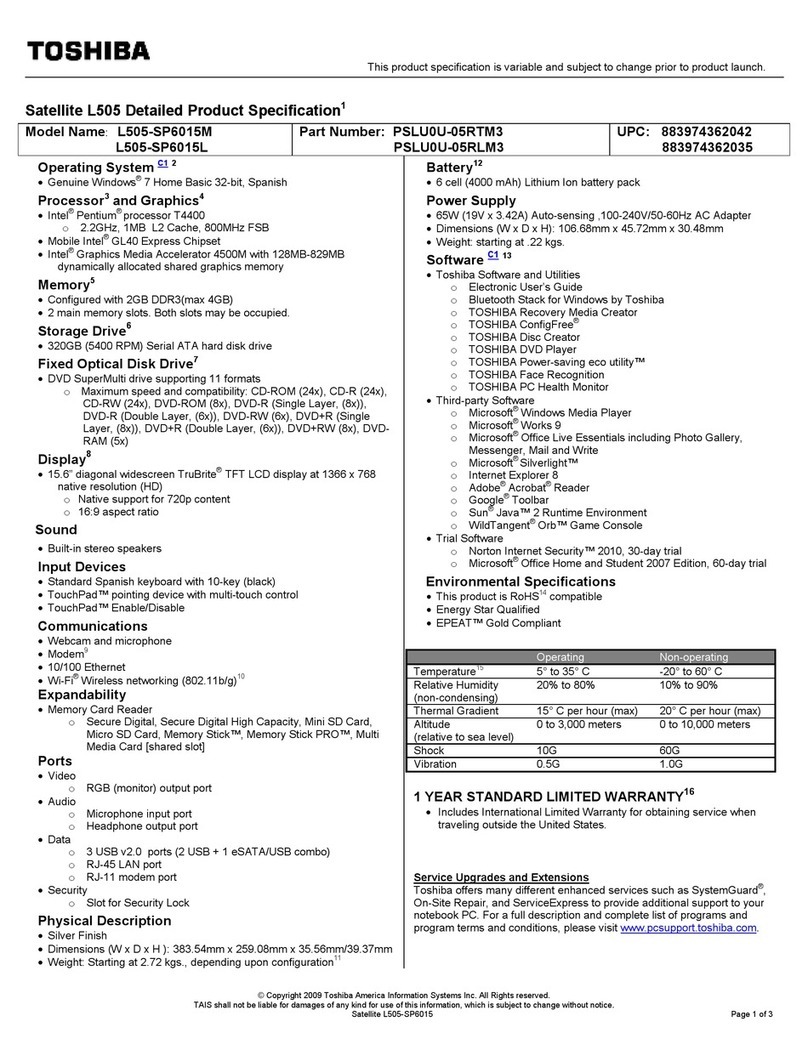 Toshiba L505-SP6015L Product specification