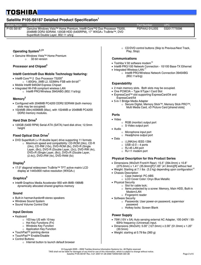 Toshiba Satellite P105-S6187 User manual