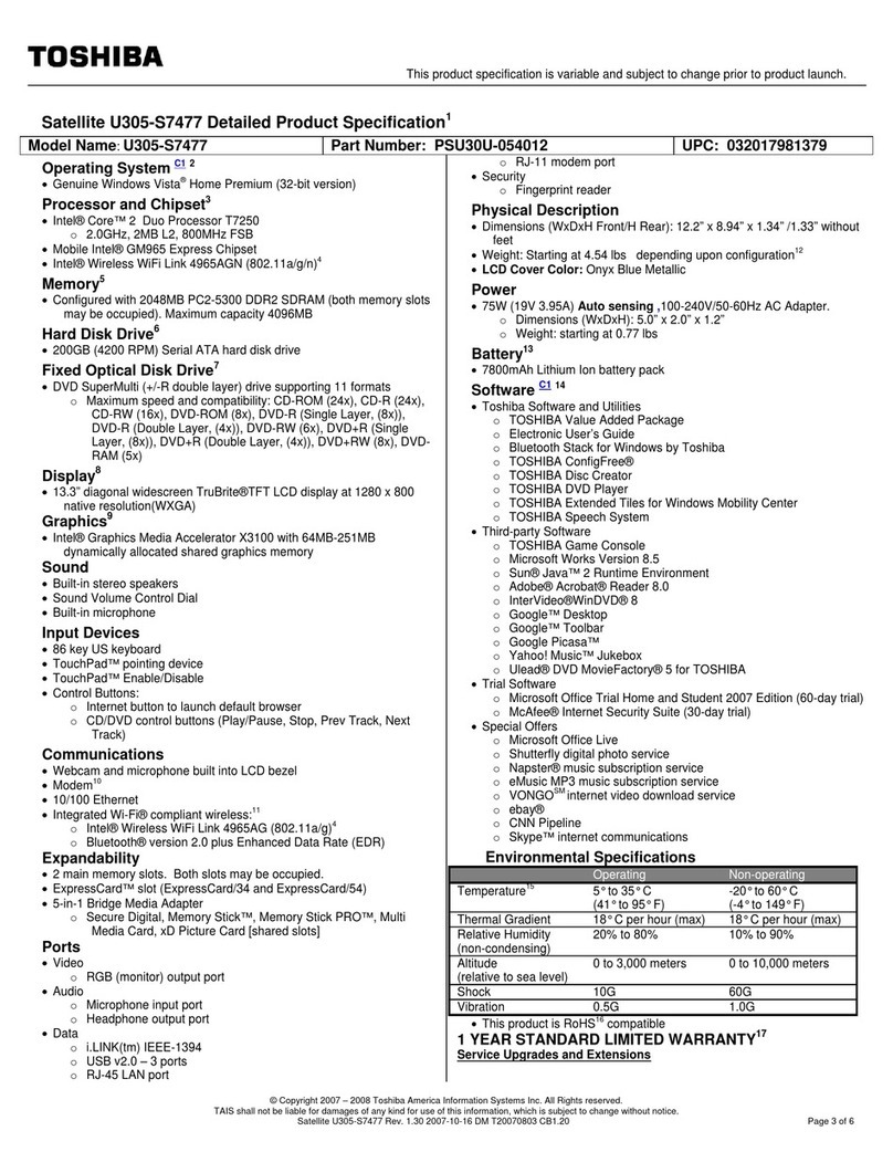 Toshiba U305-S7477 - Satellite - Core 2 Duo GHz Installation instructions