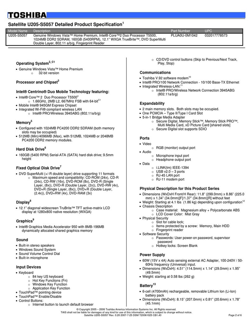 Toshiba Satellite U205-S5057 Installation instructions