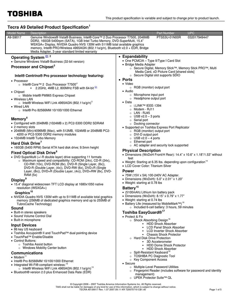 Toshiba TECRA A9 S9017 Specification sheet