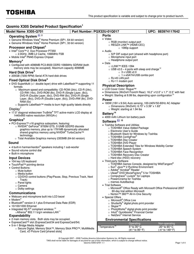 Toshiba Qosmio X305-Q701 Specifications