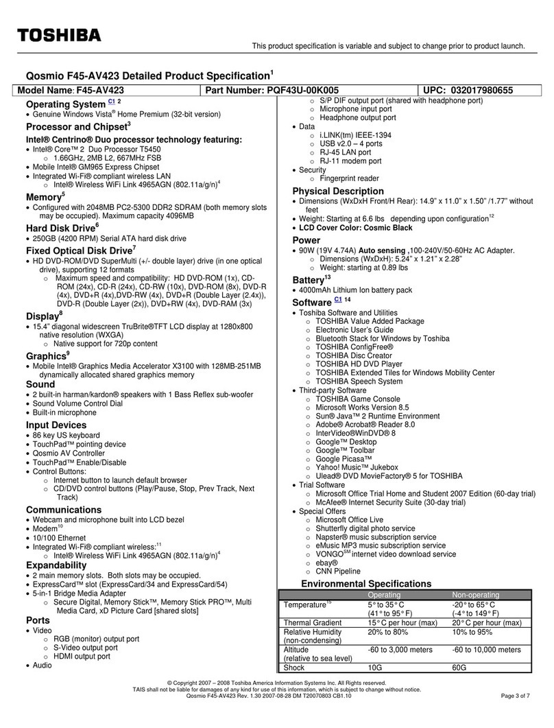 Toshiba F45-AV423 - Qosmio - Core 2 Duo 1.66 GHz User manual