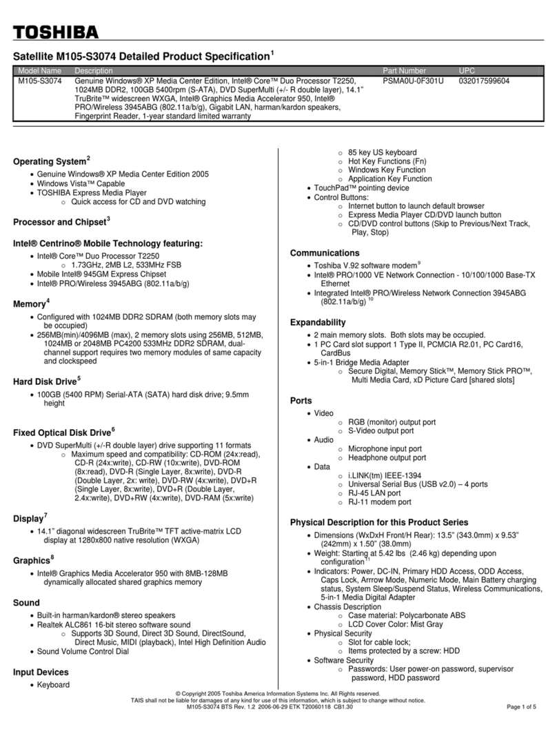 Toshiba Satellite M105-S3074 Specification sheet Toshiba Satellite M105-S3074 Specification sheet