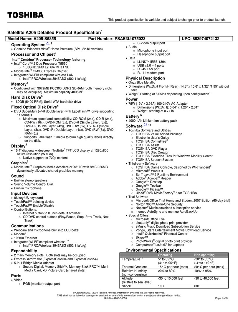 Toshiba A205-S5855 specification