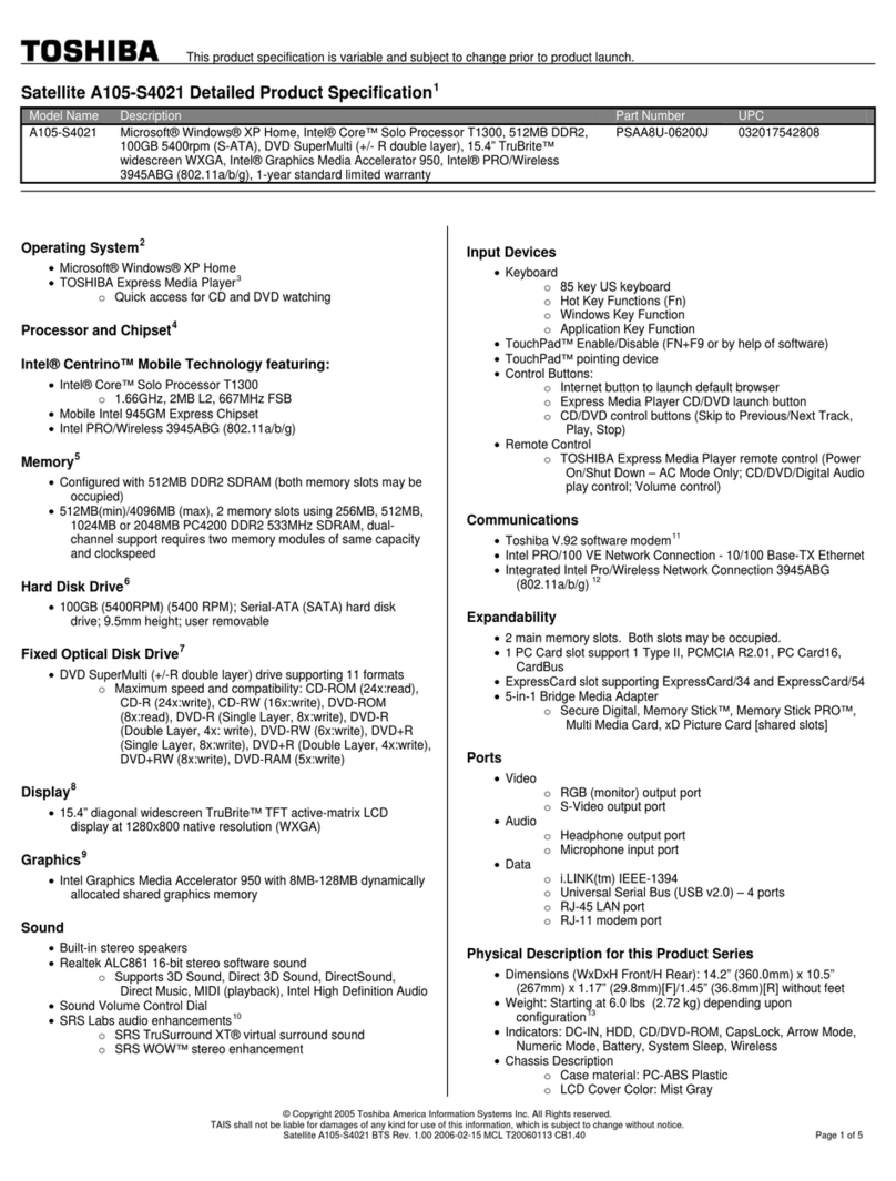 Toshiba Satellite A105-S4021 specification