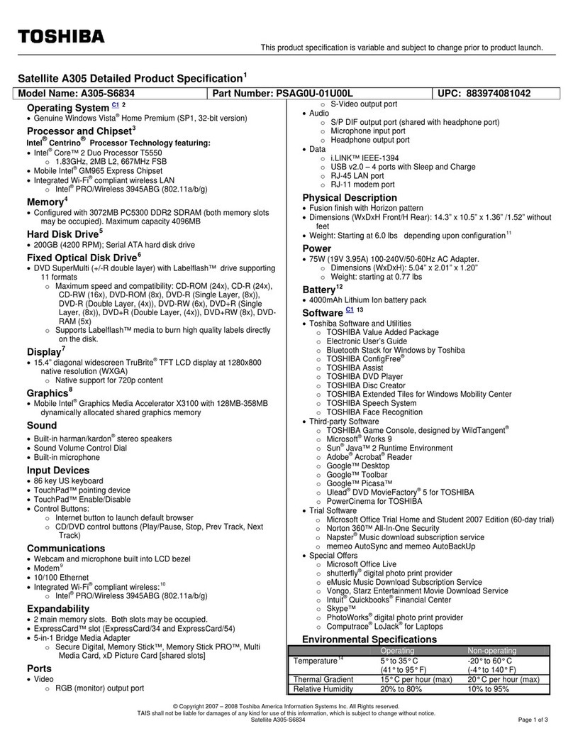 Toshiba A305-S6834 - Satellite - Core 2 Duo 1.83 GHz User manual
