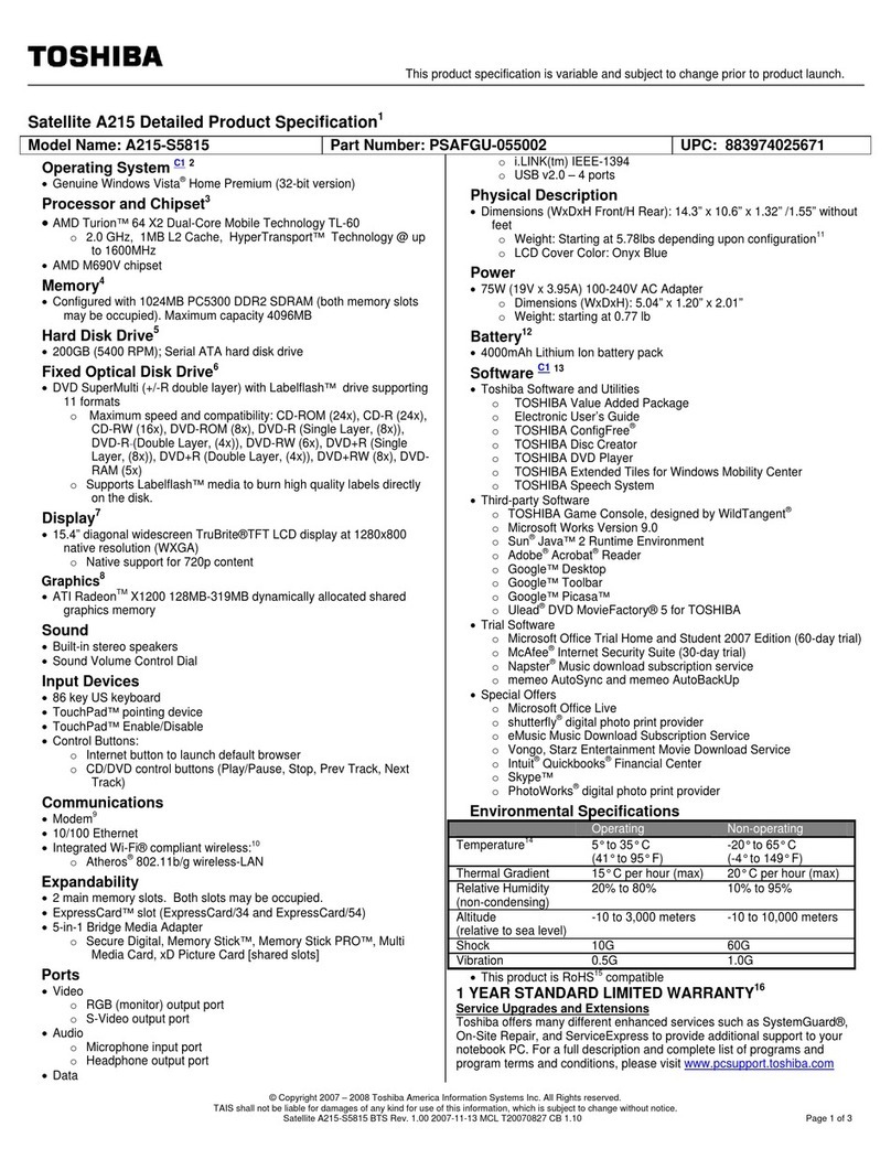 Toshiba A215-S5815 - Satellite - Turion 64 X2 2 GHz owner's manual Toshiba A215-S5815 - Satellite - Turion 64 X2 2 GHz owner's manual