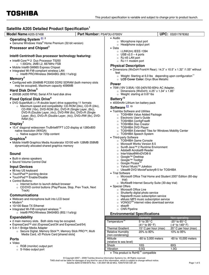 Toshiba A205-S7458 - Satellite - Core 2 Duo 1.5 GHz Owner's manual