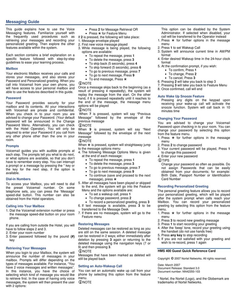 Nortel HMS400 Quick reference card