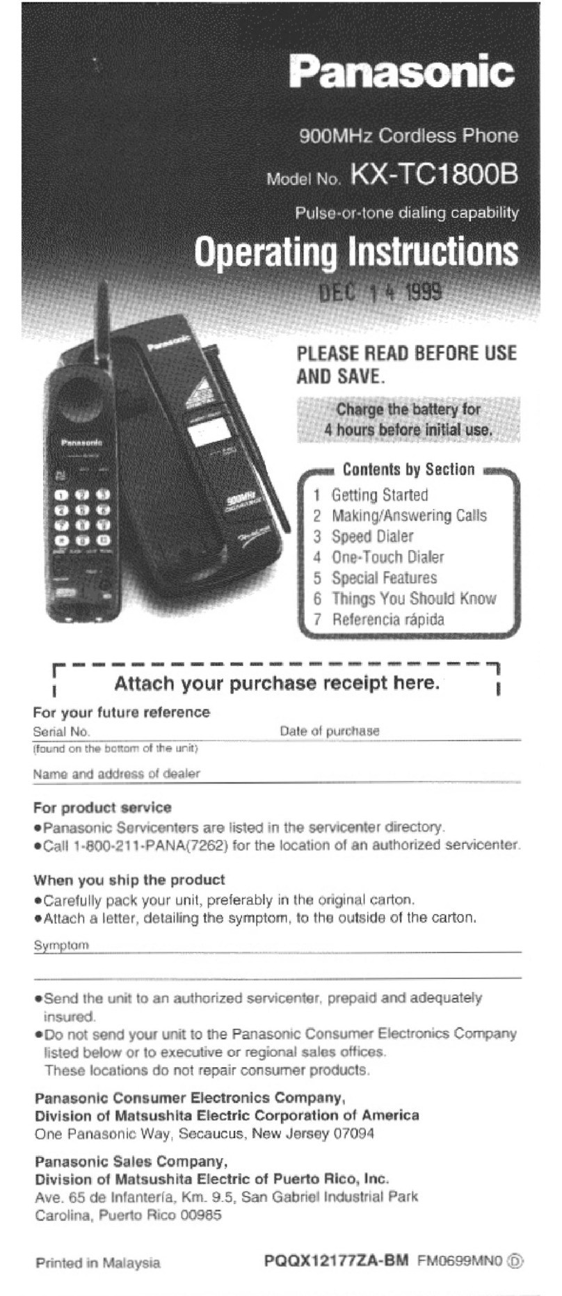 Panasonic KX-TC1800B User manual