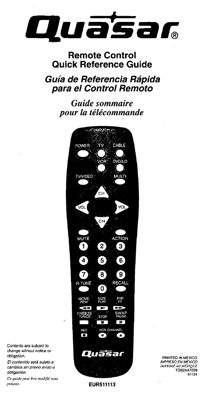 Quasar EUR511113 Quick reference guide