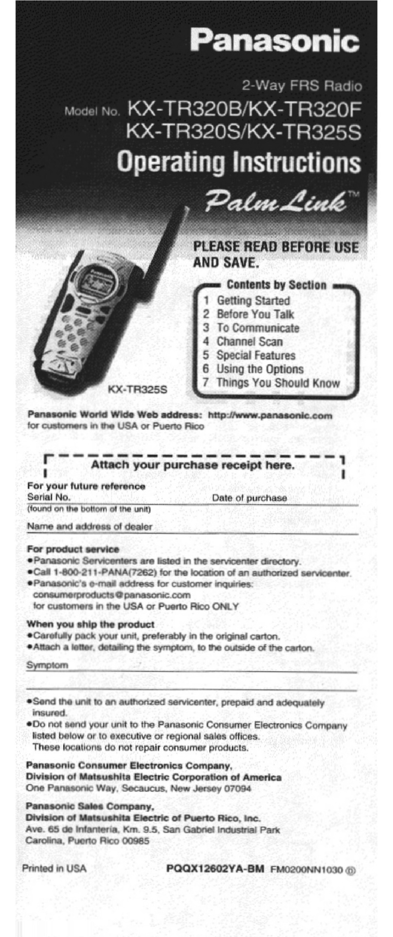 Panasonic PalmLink KX-TR320S User manual