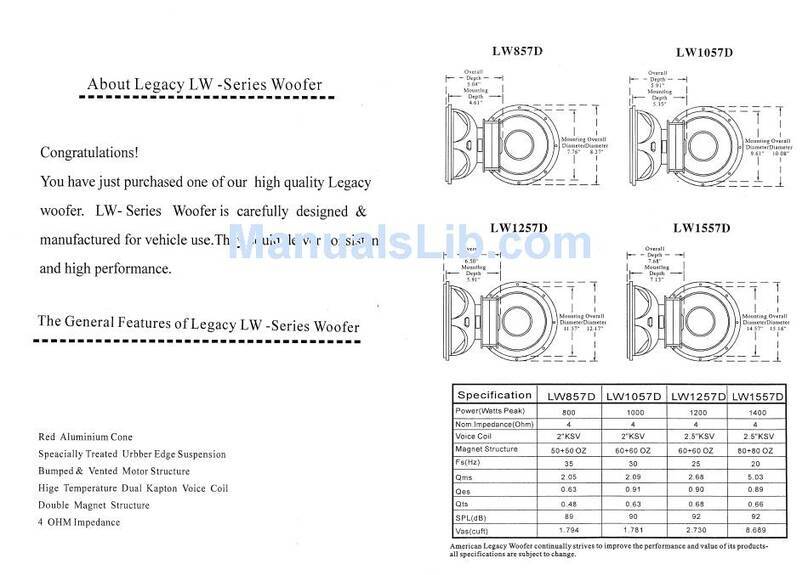 Legacy LW1057D Specifications