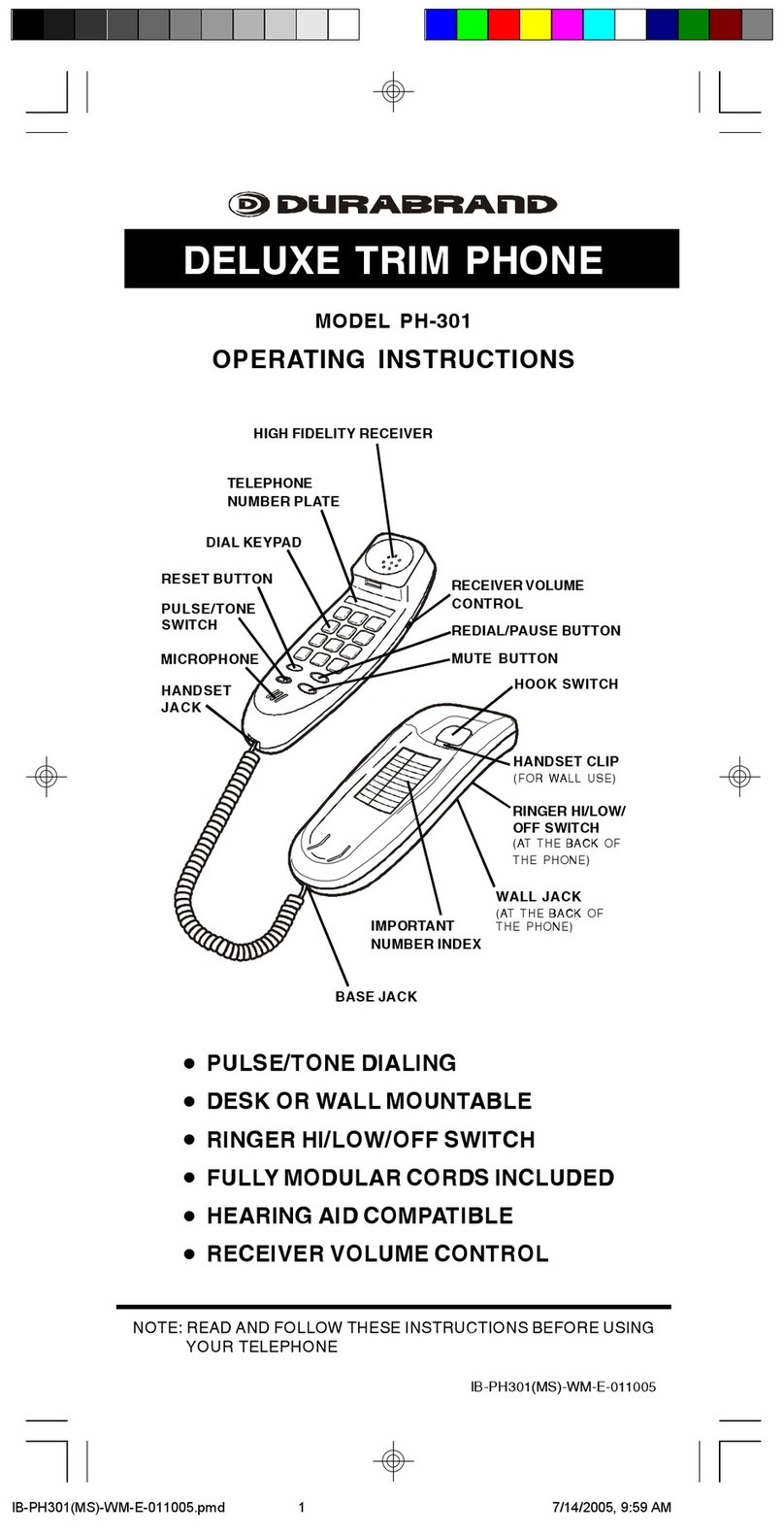 Durabrand PH-301 operating instructions