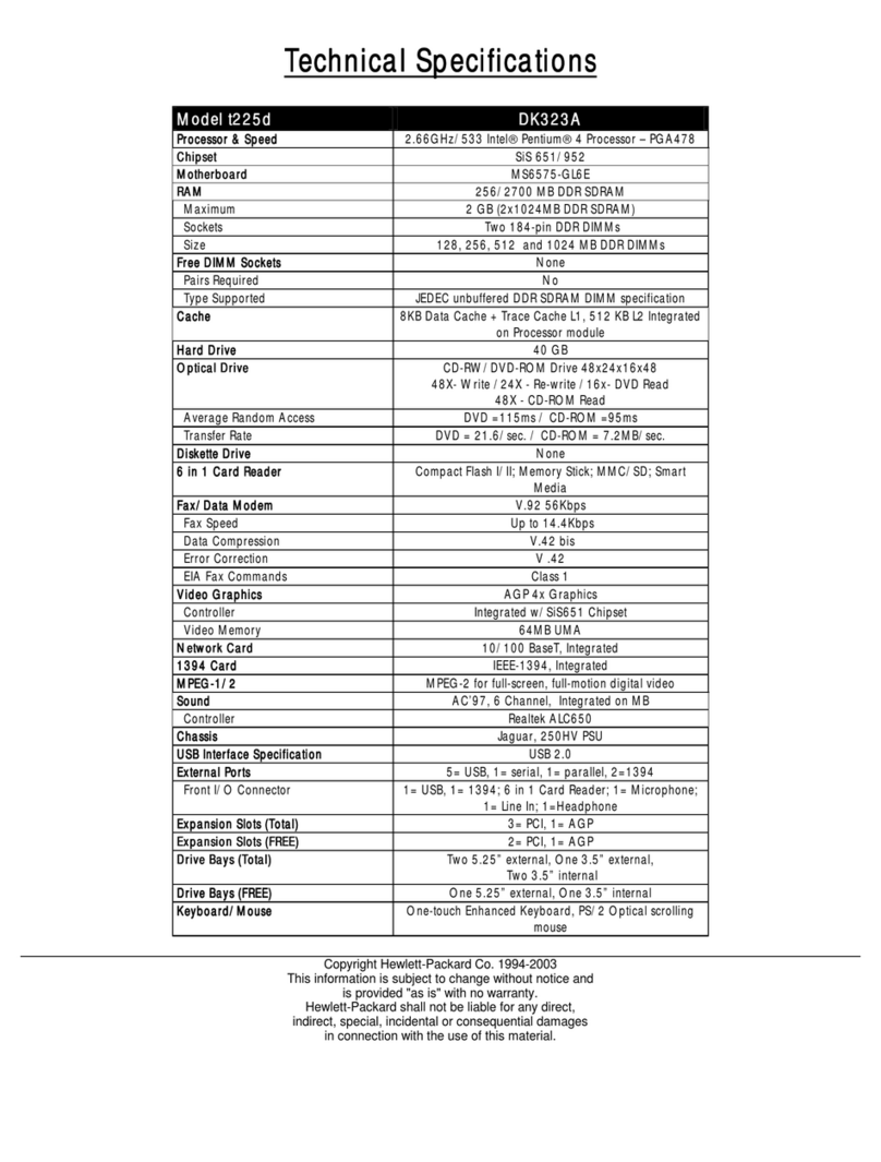 HP Pavilion t225d specification HP Pavilion t225d specification