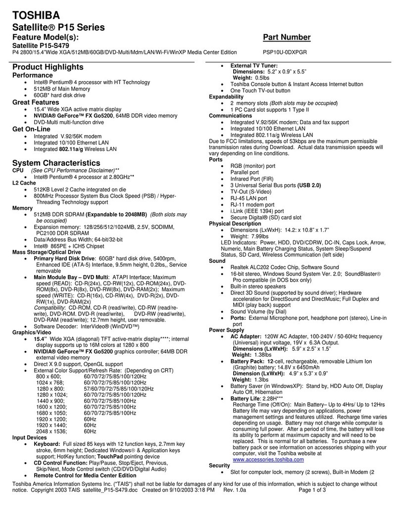 Toshiba Satellite P15 SERIES Specifications