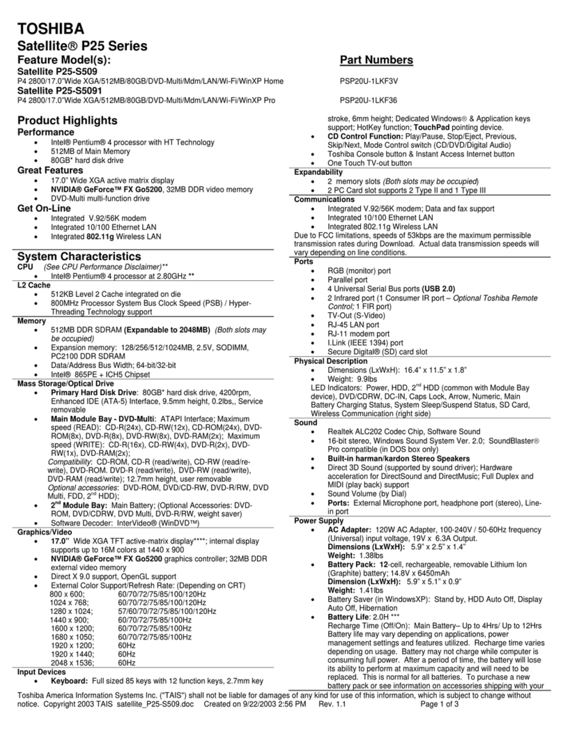 Toshiba Satellite P25-S509 Specifications