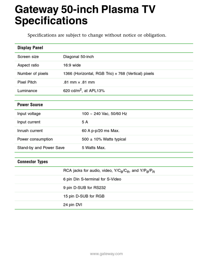 Gateway 50-inch Specifications
