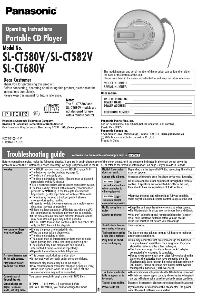 Panasonic SLCT580 - PORT. CD PLAYER operating instructions