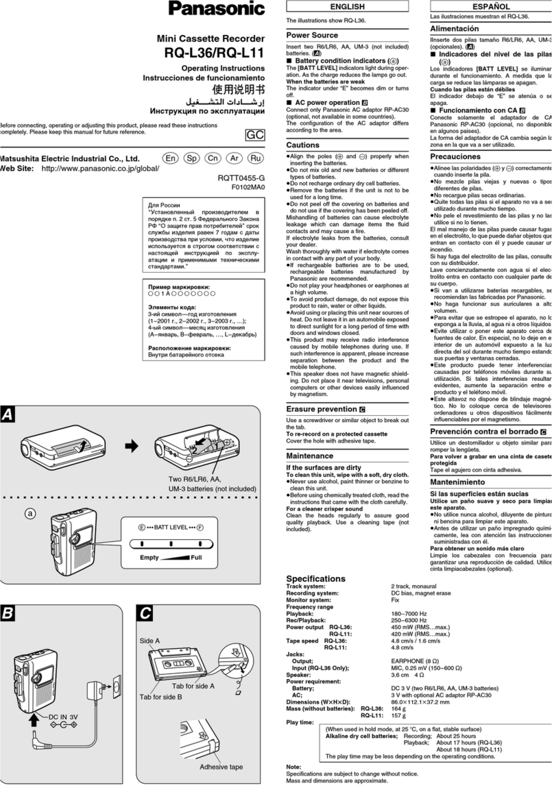 Panasonic RQL11 - CASS. RECORDER LOW User manual