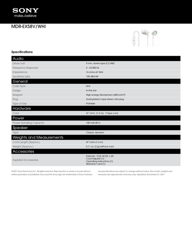 Sony MDR-EX58V/WHI Specifications