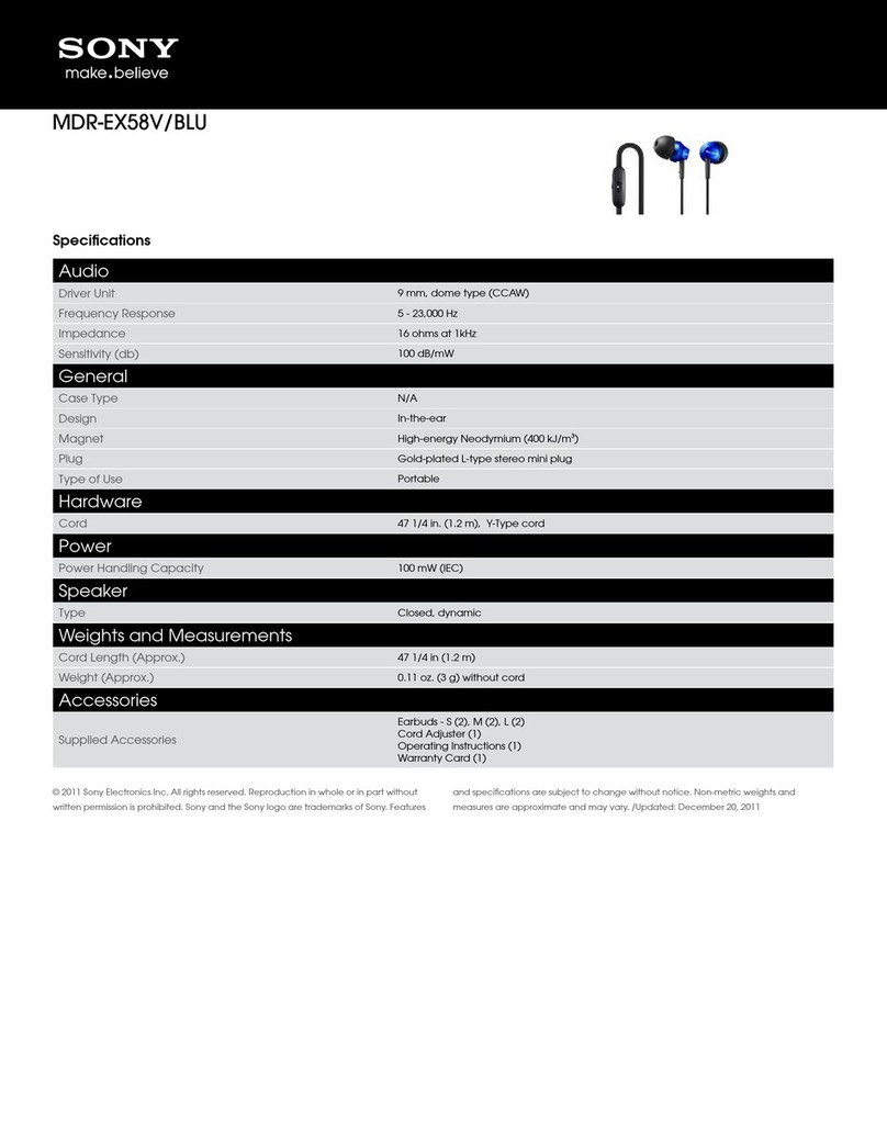 Sony MDR-EX58V/BLU Specifications