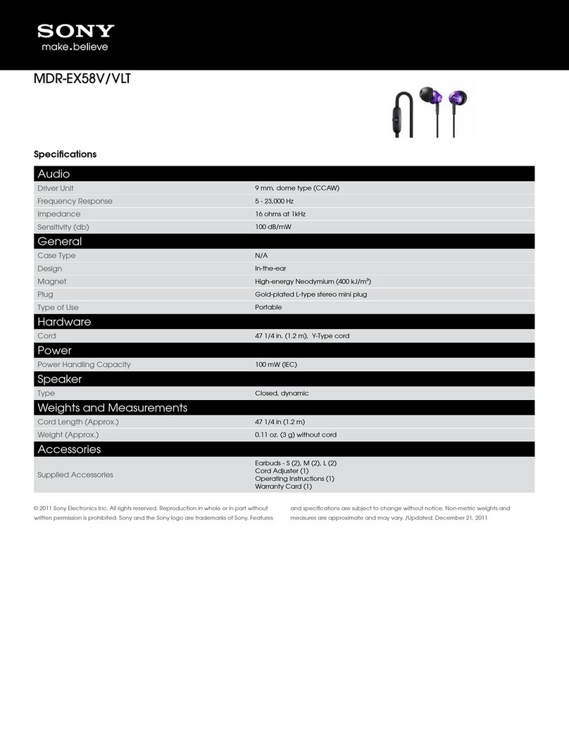 Sony MDR-EX58V/VLT Specifications