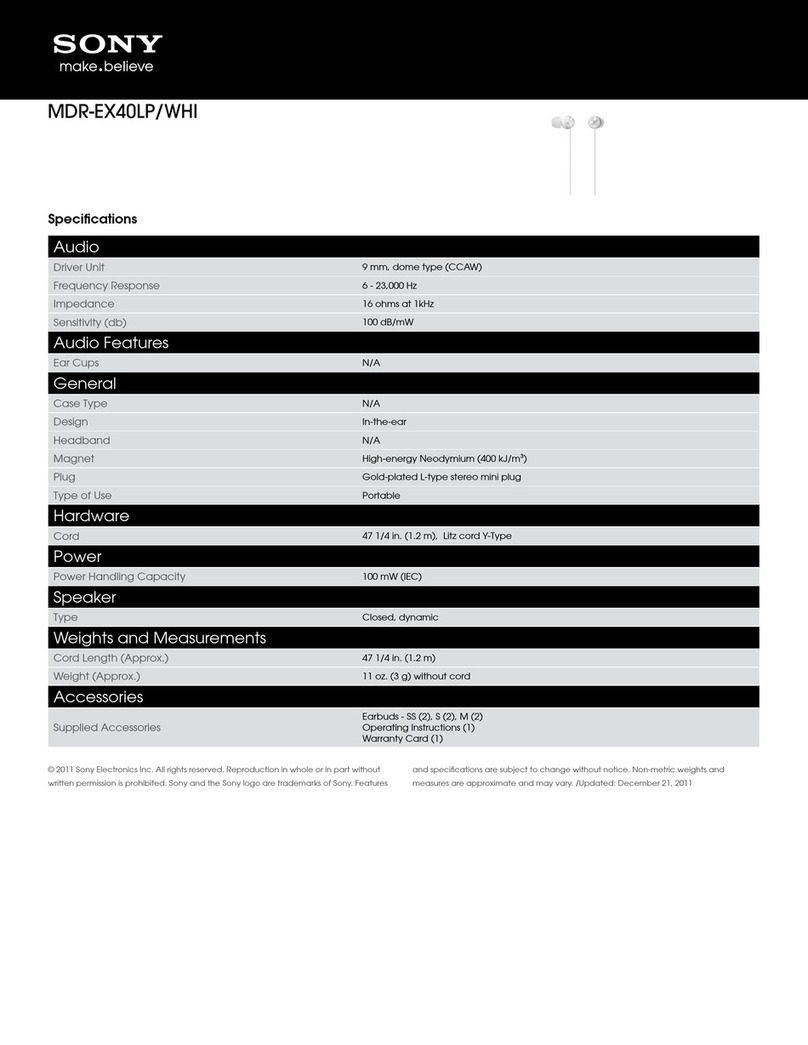 Sony MDR-EX40LP/WHI Specifications