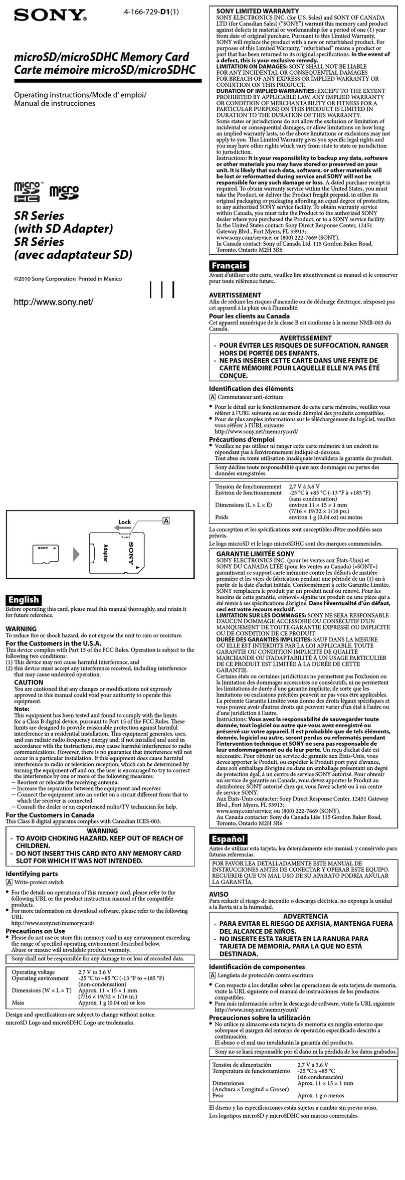 Sony SR-2A1 User manual Sony SR-2A1 User manual