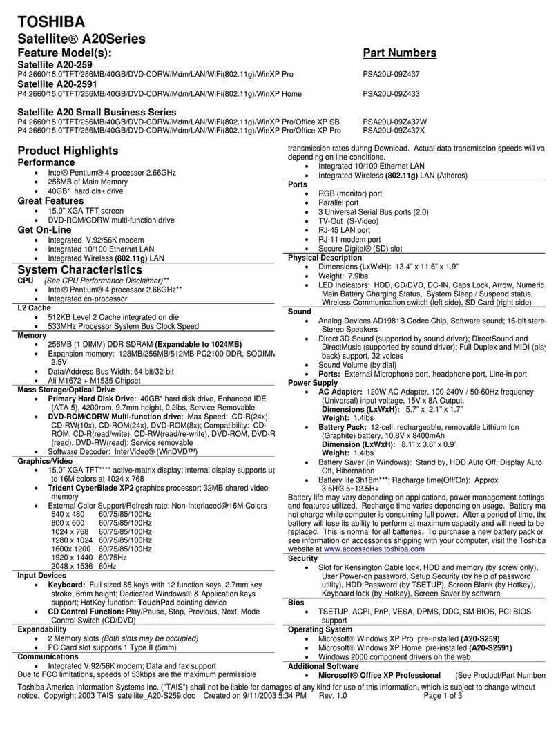 Toshiba A20-S259 - Satellite - Pentium 4 2.66 GHz User manual