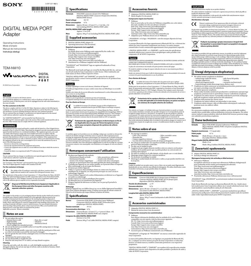 Sony Walkman TDM-NW10 operating instructions