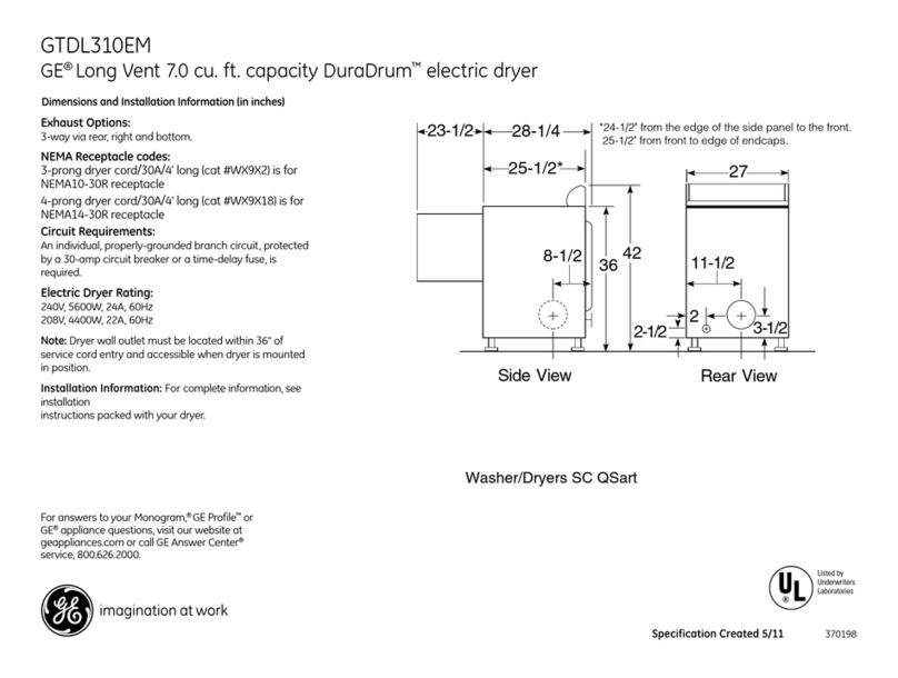 GE DuraDrum GTDL310EMWS Dimensions and installation information