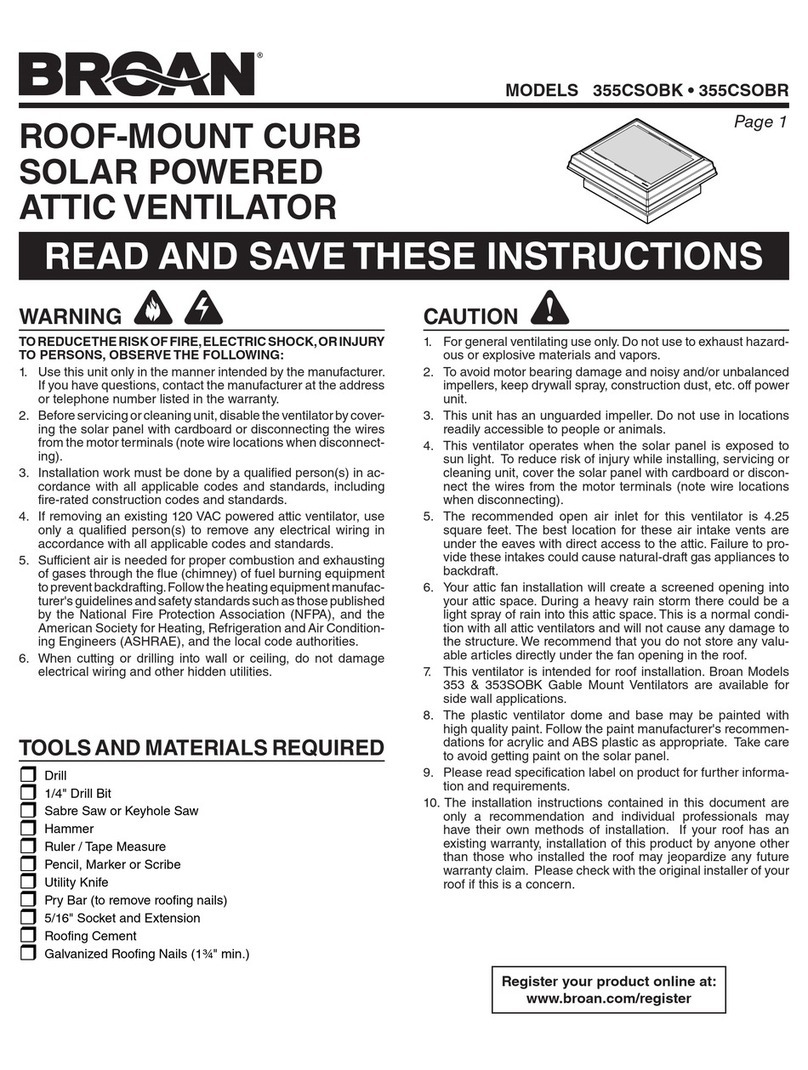 Broan ROOF-MOUNT CURB SOLAR POWERED ATTIC VENTILATOR... User manual
