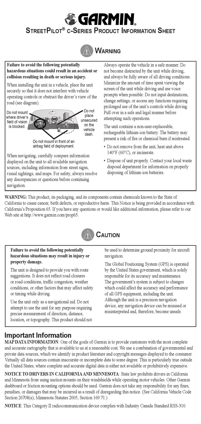 Garmin StreetPilot c310 Product information sheet