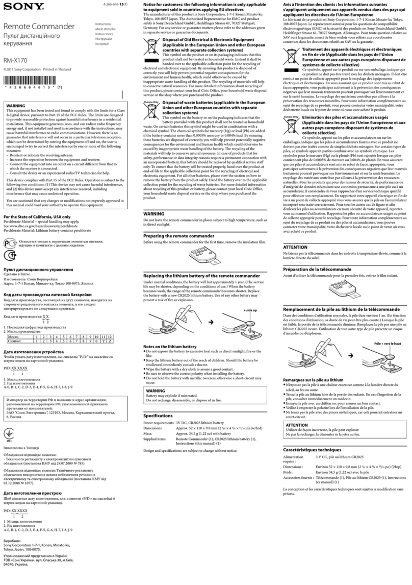 Sony Remote Commander RM-X170 User manual